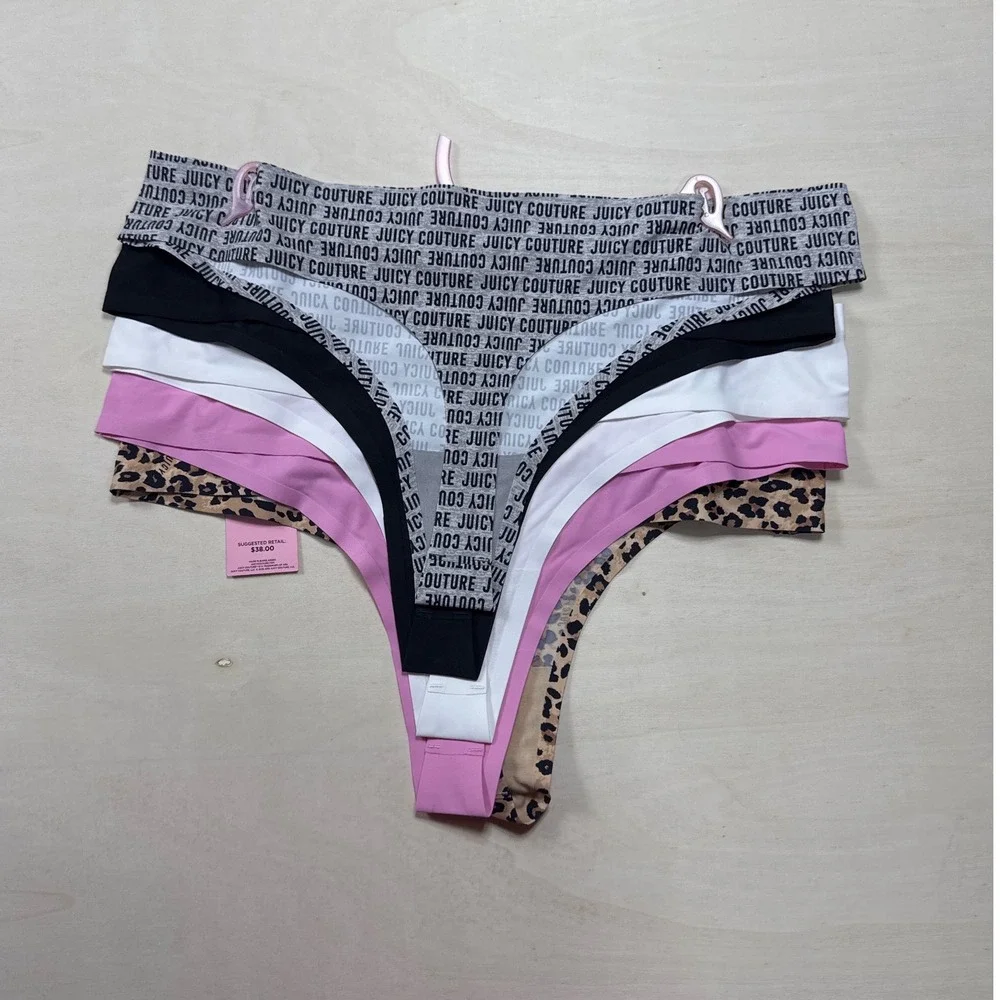 Juicy Couture Intimates 5 Pack Thong PantiesXL Leopard Pink Black White Logo NEW